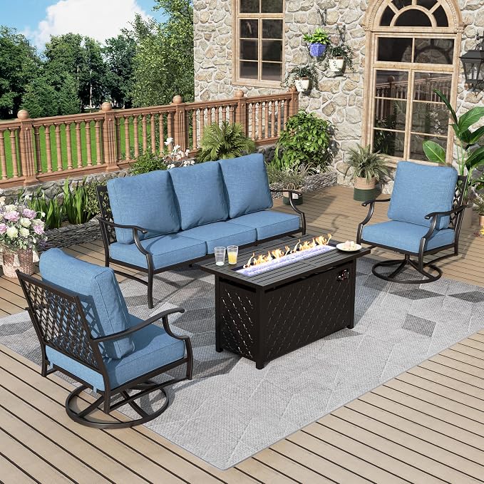 MIXPATIO Patio Furniture Set, 4 Pcs Metal Outdoor Conversation Set, 2 Swivel Chairs and 3 Seater Sofa with 5.75" Extra Thick Cushion and Gas Fire Pit Table for Backyard Deck, Navy Blue
