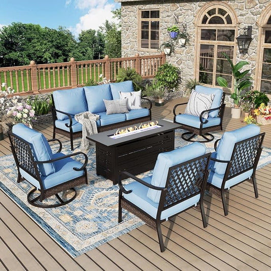 MIXPATIO Patio Furniture Set with Fire Pit Table, Metal Outdoor Conversation Set with 5.75'' Extra Thick Cushion, 2 Swivel Chairs, 2 Leg Chairs, 3-Seat Sofa and Gas Fire Pit Table, Blue