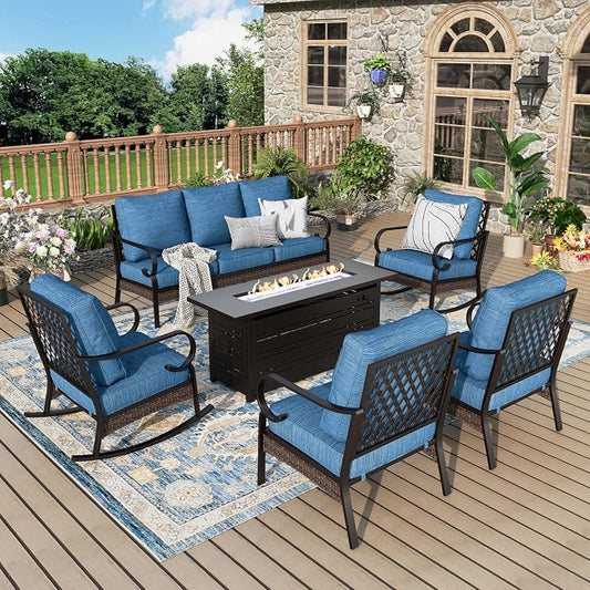 MIXPATIO Patio Furniture Set with Fire Pit Table, Metal Outdoor Conversation Set with 5.75'' Extra Thick Cushion, 2 Rocking Chairs, 2 Leg Chairs, 3-Seat Sofa and Gas Fire Pit Table, Pacific Blue