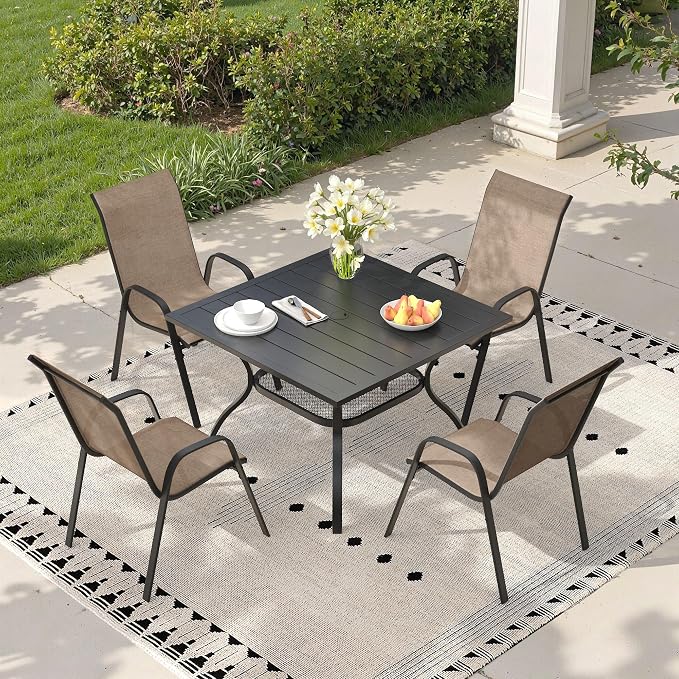 5 Pieces Outdoor Dining Set, 37.8" Square Table with Umbrella Hole & Stackable Patio Dining Chairs, Patio Table and Chairs Set for Deck Garden Porch, Brown Chairs & Black Table