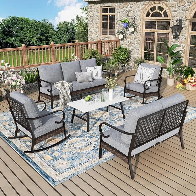 MIXPATIO Patio Furniture Set with Coffee Table, Outdoor Conversation Set with 2 x Rocking Chairs, 1 x 2-Seat Sofa, 1 x 3-Seat Sofa for Lawn Garden Backyard, Grey