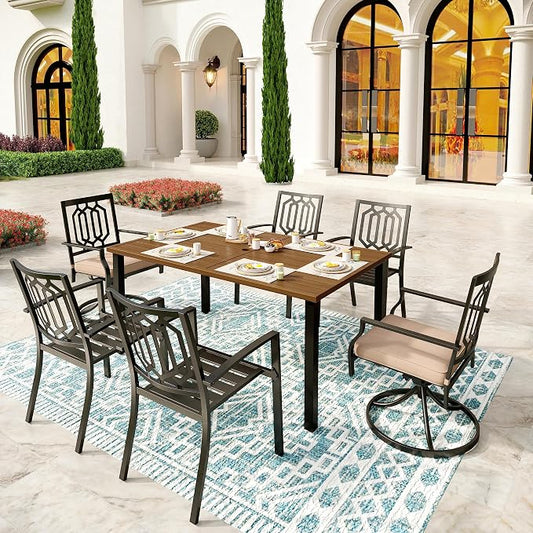 SUNSHINE VALLEY Patio Dining Set,Wood-Like Metal Table w/Umbrella Hole | 60x36 Table&6 Pcs Rust-Proof Stackable Chairs, Outdoor Table and Chairs Set for Backyard Garden Deck