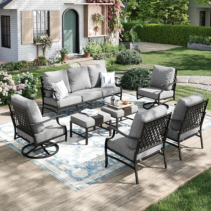 MIXPATIO Patio Furniture Set 7 pcs, Outdoor Patio Furniture, 3-Seat Sofa, 2 Single Chairs, 2 Swivel Chairs, 2 Ottomans and 5.75" Extra Thick Cushion, Patio Conversation Set for Backyard Deck,Grey
