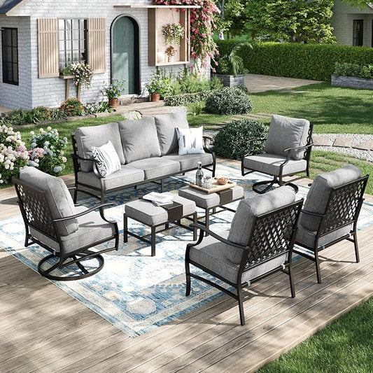 MIXPATIO Patio Furniture Set 7 pcs, Outdoor Patio Furniture, 3-Seat Sofa, 2 Single Chairs, 2 Swivel Chairs, 2 Ottomans and 5.75" Extra Thick Cushion, Patio Conversation Set for Backyard Deck,Grey