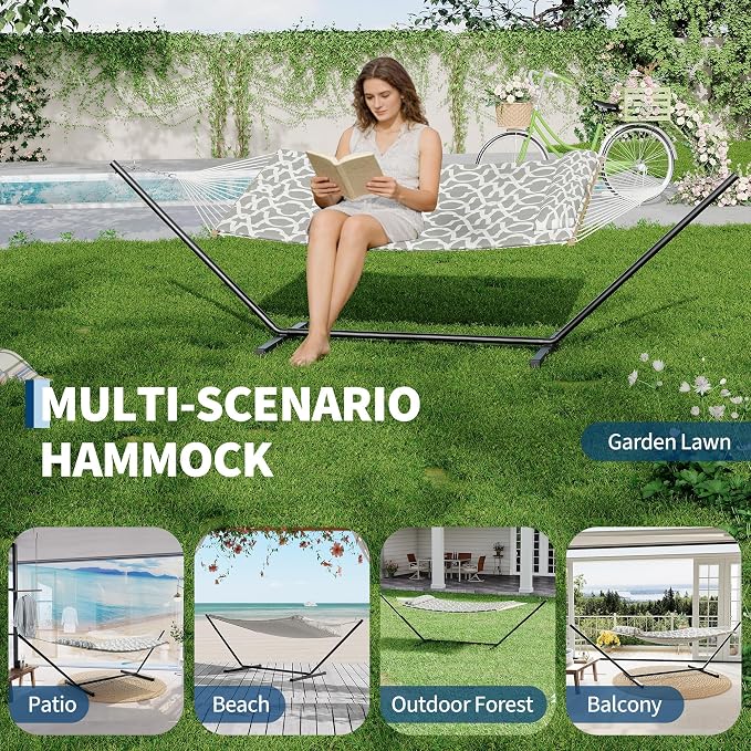 Heavy Duty Double Hammock with Stand & Soft Pillow, 450 LBS Capacity - Padded Portable Hammock for Indoor Outdoor Patio Backyard Garden