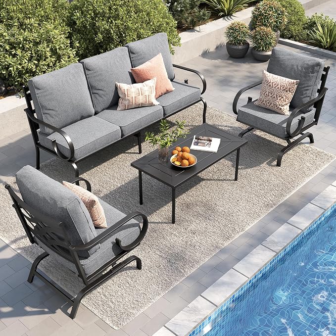 PHI VILLA Patio Furniture Set, 3-Seater Sofa, 2 Rocking Chairs and a Coffee Table, Outdoor Metal Conversation Set with 5.75" Extra Thick Cushion for Garden Backyard Deck, Grey