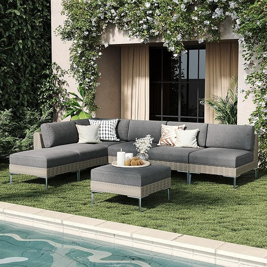LayinSun 7-Piece Wicker Rattan Patio Furniture Set, Deep Seating Outdoor Modular Sectional Sofa Conversation Set with Thick Cushions for Lawn, Garden