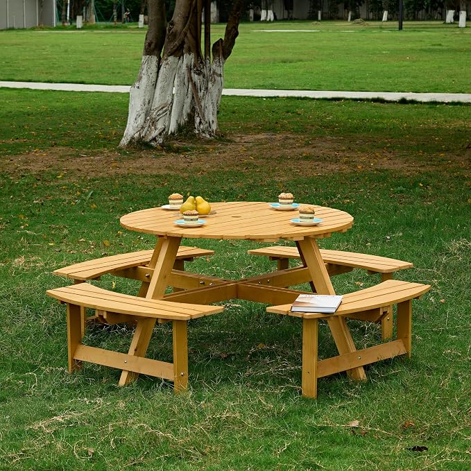 JOYBASE 8-Person Wooden Picnic Table, Outdoor Round Table with Built-in Benches and Umbrella Hole, Picnic Table Bench Set for Patio, Backyard, Garden (Natural)