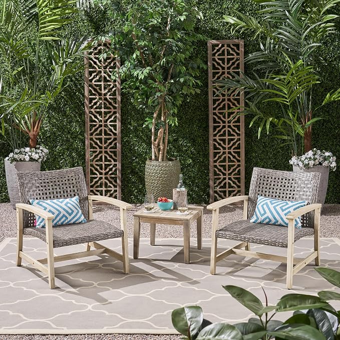 Christopher Knight Home Hampton Outdoor 3 Piece Acacia Wood and Wicker Conversation Set with Club Chairs and Side Table, 28.25 "W x 31 "D x 31.5 "H, Mixed Black + Weathered Gray