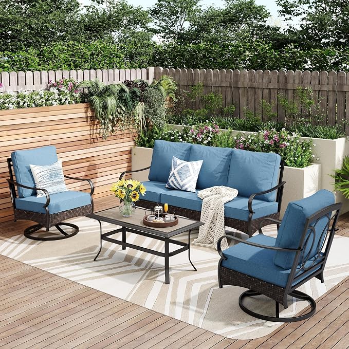 PHI VILLA Outdoor Patio Furniture Set, Upgraded Wicker & Metal Patio Conversation Set with Waterproof Thick Cushions for Porch, Poolside, Yard (4 Pieces, Navy)