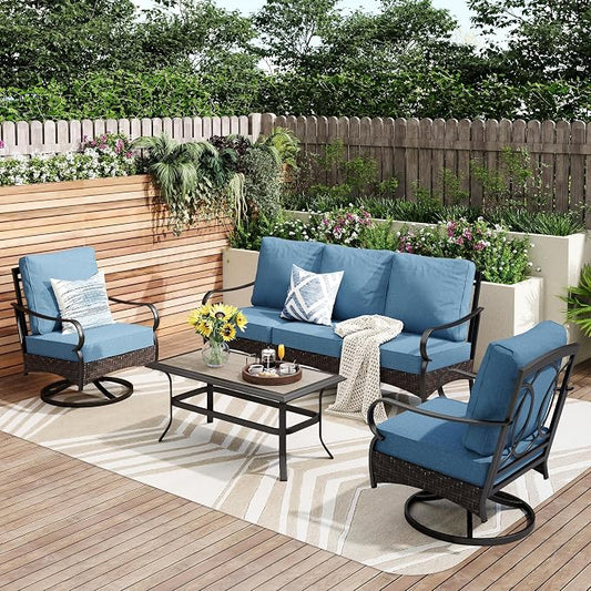 PHI VILLA Outdoor Patio Furniture Set, Upgraded Wicker & Metal Patio Conversation Set with Waterproof Thick Cushions for Porch, Poolside, Yard (4 Pieces, Navy)