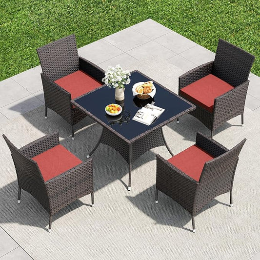 5 Pieces Outdoor Patio Dining Set,Patio Table and Chairs Rattan Outdoor Patio Furniture Set with Umbrella Hole,Dining Table Set for 4 with Chairs for Backyard,Garden and Kitchen,Red