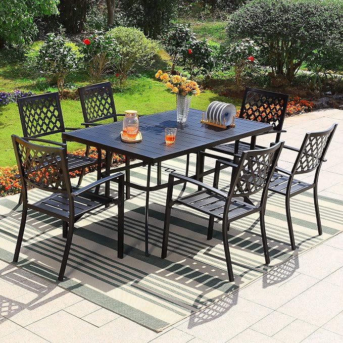 PHI VILLA 7 Pcs Patio Dining Set for 6, Rectangular Metal Table | 60”Black Metal Table with Umbrella Hole&Wrought Iron Chairs, Patio Furniture Set for Patio, Deck, Porch, Backyard