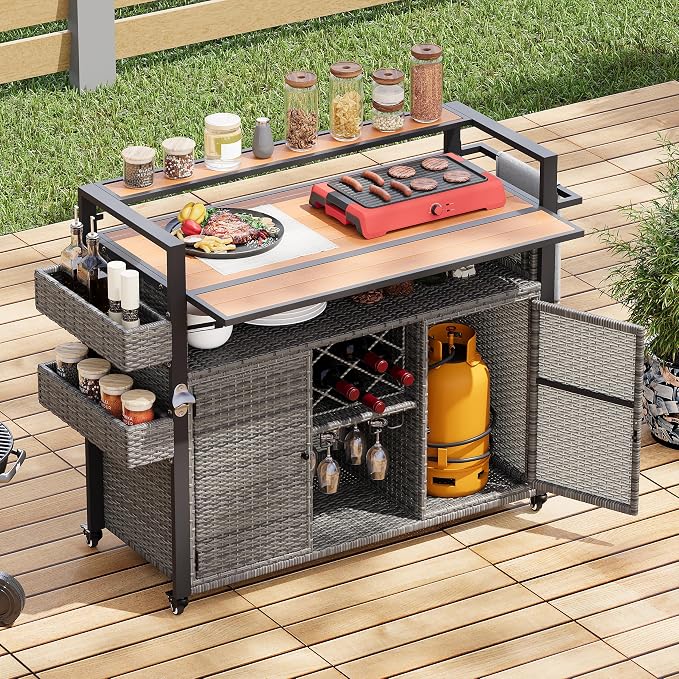 Outdoor Bar Table on Wheels with Extended Table Top and Storage Cabinet ﻿