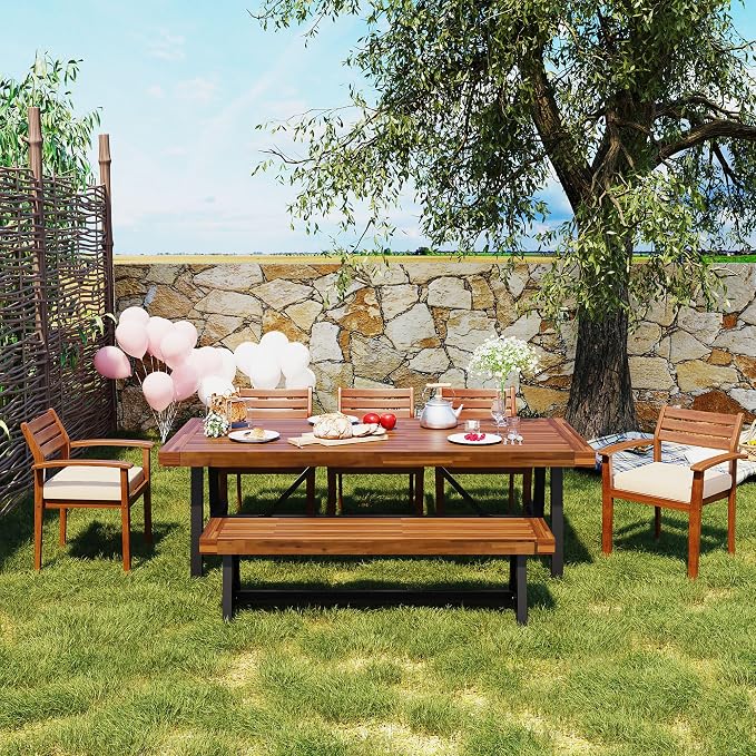 GO Outdoor 7-Piece Acacia Dining Set with Cushions, Ergonomic Chairs, Thick Table, Adjustable Feet for Patio Deck