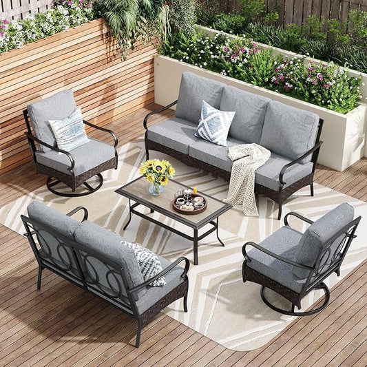 PHI VILLA Outdoor Modern Patio Furniture Set, Upgraded Wicker & Metal Patio Conversation Set with Waterproof Thick Cushions for Porch, Poolside, Yard (5 Pieces,Grey)