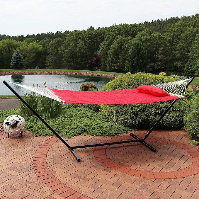 Sunnydaze Quilted Fabric Double Hammock with 12-Foot Stand - 400-Pound Capacity - Black Stand - Red