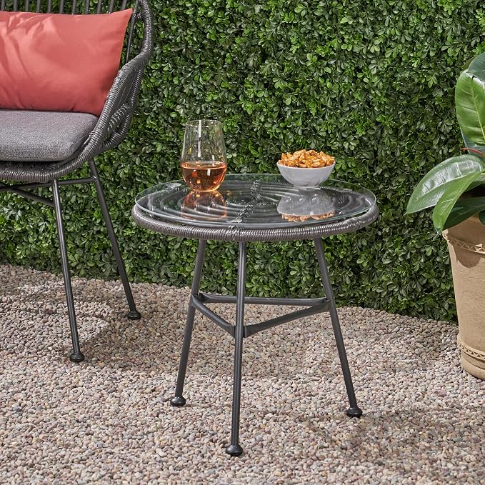 Rattan Outdoor Side Table with Tempered Glass Tabletop, Weather-Resistant Patio End Table, Stable Steel Frame for Balcony, Porch, Deck, Grey