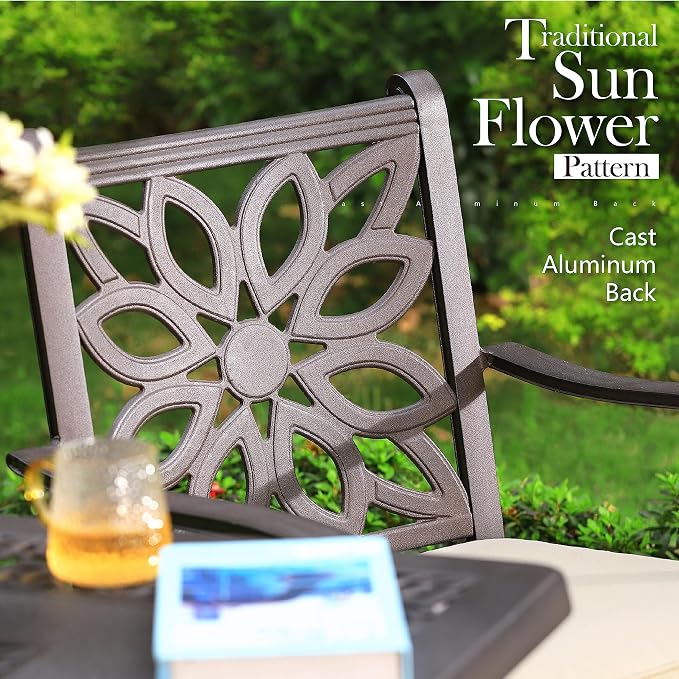 PHI VILLA 3-Piece Patio Bistro Set, 32" Round Cast Aluminum Table, Bronze | Cushions Chairs, Fixed Chairs, Umbrella Hole, All-Weather Use, Armrests