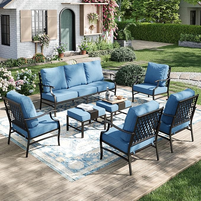 MIXPATIO Patio Furniture Set 7 pcs, Outdoor Patio Furniture, 3-Seat Sofa, 4 Single Chairs, 2 Ottomans and 5.75" Extra Thick Cushion, Conversation Set for Backyard Deck,Navy Blue