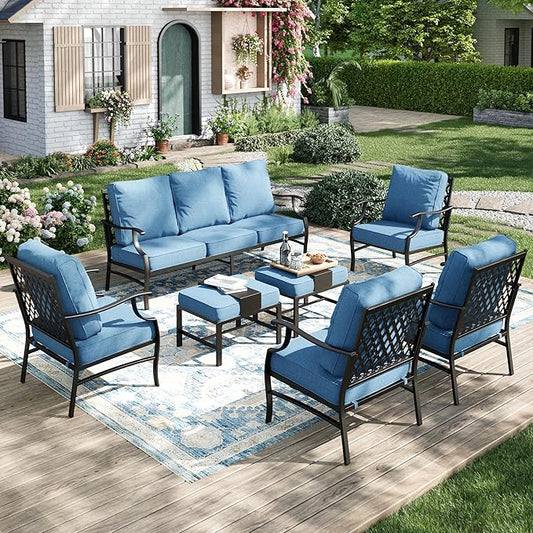 MIXPATIO Patio Furniture Set 7 pcs, Outdoor Patio Furniture, 3-Seat Sofa, 4 Single Chairs, 2 Ottomans and 5.75" Extra Thick Cushion, Conversation Set for Backyard Deck,Navy Blue