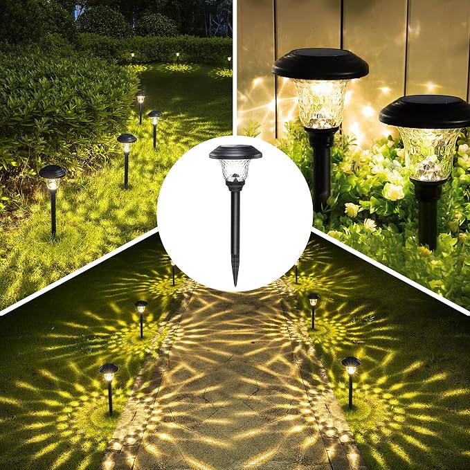 GIGALUMI Metal & Glass Solar Lights Outdoor, 8 Pack LED Garden Lights | Solar Pathway Lights Waterproof IP65, Warm White Landscape Path Lights, Garden Decor for Yard, Patio, Walkway (Black)