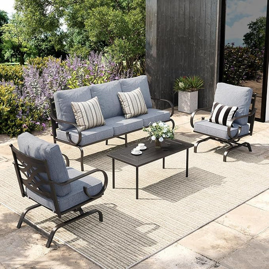 Sophia & William Patio Conversation Set for 5, 3-Seater Sofa, 2 Rocking Chairs and a Coffee Table, Metal Outdoor Furniture with 5.75" Extra Thick Cushions, Grey