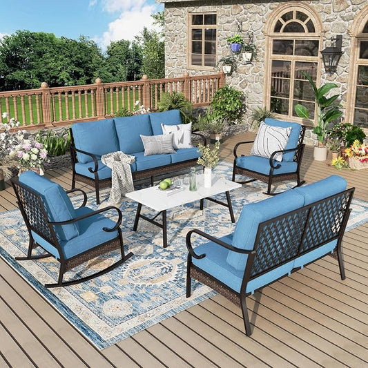 MIXPATIO Patio Furniture Set with Coffee Table, Outdoor Conversation Set with 2 x Rocking Chairs, 1 x 2-Seat Sofa, 1 x 3-Seat Sofa for Lawn Garden Backyard, Navy Blue