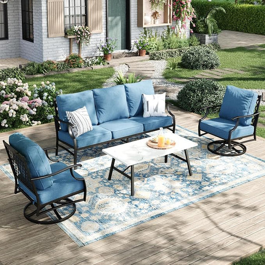 MIXPATIO Patio Furniture Set 4 pcs, Metal Outdoor Patio Furniture, 3-Seat Sofa, 2 Swivel Chairs, Coffee Table and 5.75" Extra Thick Cushion, Conversation Set for Backyard Deck, Navy Blue