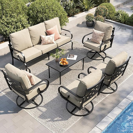PHI VILLA Patio Furniture Set, 3-Seater Sofa, 4 Swivel Chairs and a Coffee Table, Outdoor Metal Conversation Set with 5.75" Extra Thick Cushion for Garden Backyard Deck, Beige