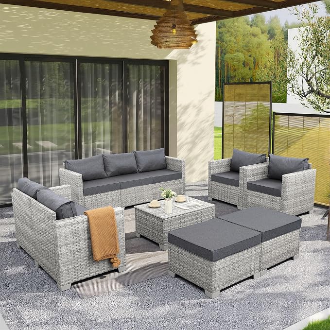 WAROOM Patio Furniture Set 7 Piece Grey Wicker Outdoor Conversation Sets PE Rattan Sectional Sofa with Storage Coffee Table and Anti-Slip Grey Cushion