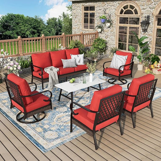 MIXPATIO Patio Furniture Set with Coffee Table, Outdoor Conversation Set with 2 x Fixed Chairs, 2 x Swivel Chairs, 1 x 3-Seat Sofa for Lawn Garden Backyard, Red