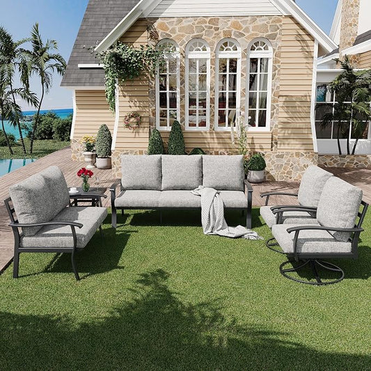 HOMREST Outdoor Furniture Thickened Cushion 360 Degree Swivel Rocking Patio Chairs and 3-Seat Sofa, Loveseat, Coffee Table, 5 PCS Metal Conversation Set for Garden, Deck and Poolside