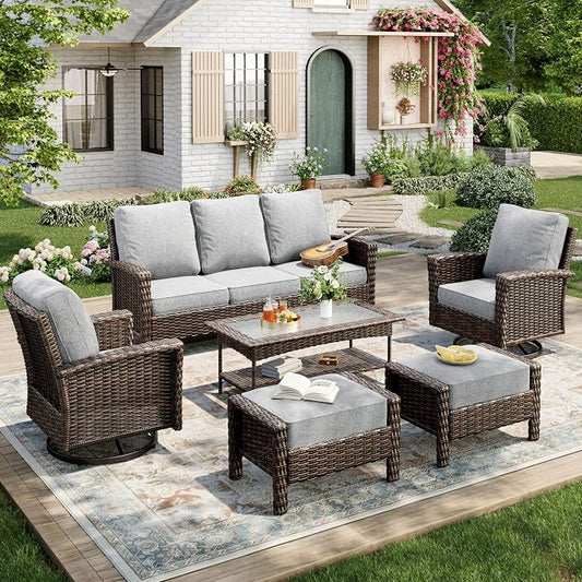 MIXPATIO 6-Piece Wicker Patio Furniture Set with Swivel Chairs, High Back Outdoor Furniture with 5.5-inch Thick Cushion and Ottoman, All-Weather Wicker Patio Conversation Set for Deck Yard Pool, Grey