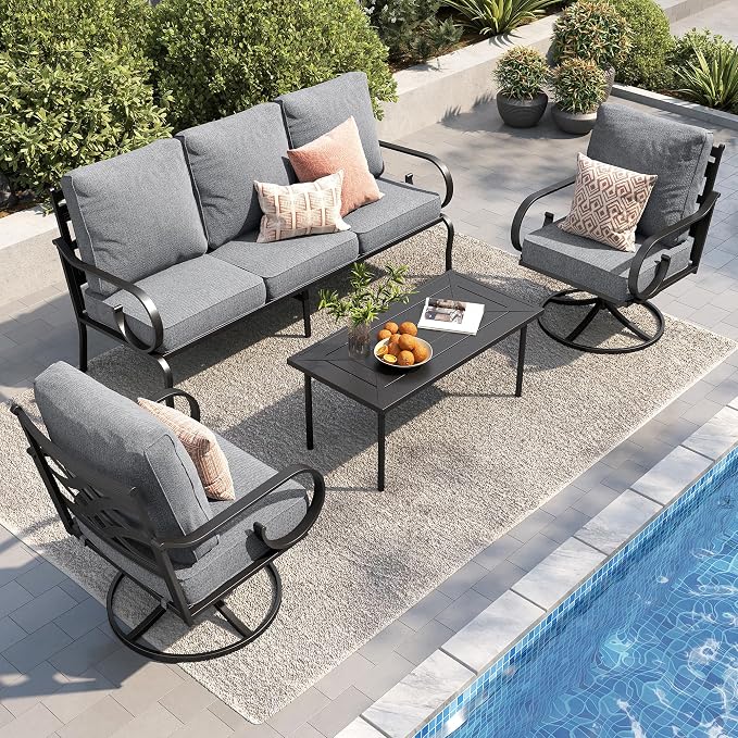 PHI VILLA Patio Furniture Set, 3-Seater Sofa, 2 Swivel Chairs and a Coffee Table, Outdoor Metal Conversation Set with 5.75" Extra Thick Cushion for Garden Backyard Deck, Grey