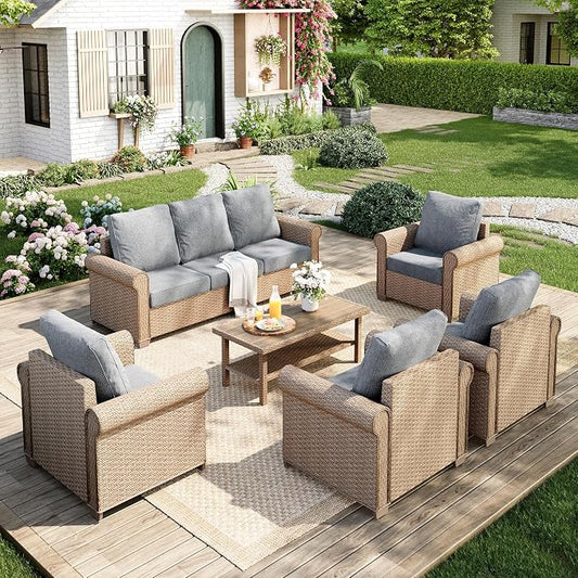 MIXPATIO Patio Furniture Set 6 pcs, Wicker Outdoor Patio Furniture, 3-Seat Sofa, 4 Single Chairs and Coffee Table, Rattan Patio Conversation Set for Backyard Deck, Grey