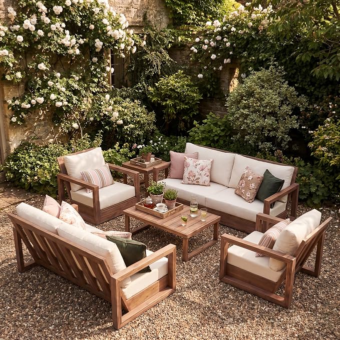 Christopher Knight Home 6-Piece Patio Furniture Set, Acacia Wood Outdoor Sofa Set with 3-Seater Sofa Loveseat 2 Swivel Rocking Chairs Coffee Table Side Table, Deep Seat Patio Conversation Set, Brown