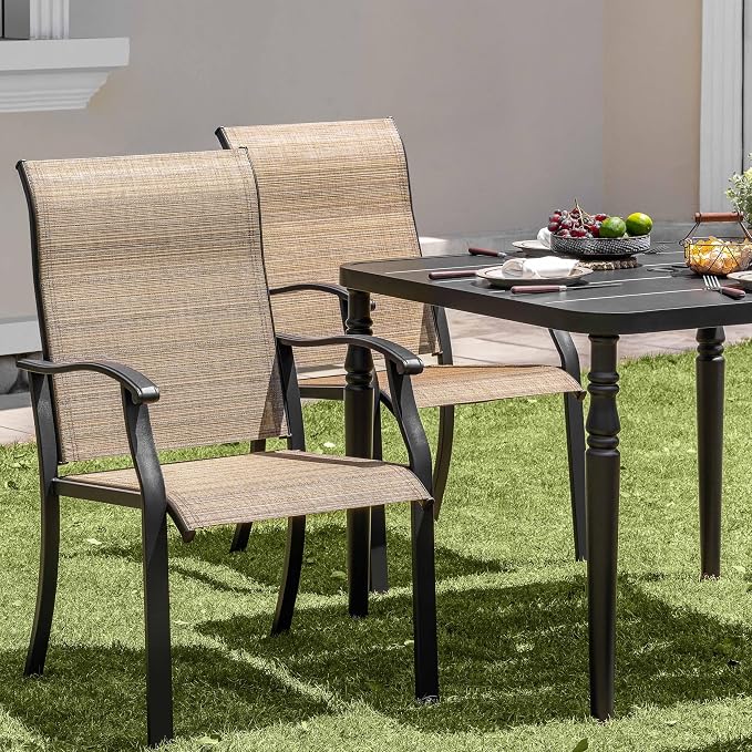 NUU GARDEN 5-Piece Patio Dining Set with Umbrella Hole Includes Slatted Square Table and 4 Ergonomic Textilene Chairs All-Weather Furniture for Garden Backyard Deck Poolside Black Brown