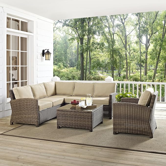 Crosley Furniture Bradenton 5-Piece Outdoor Sectional Sofa Wicker Conversation Patio Furniture Set for Deck, Brown with Sand Cushions