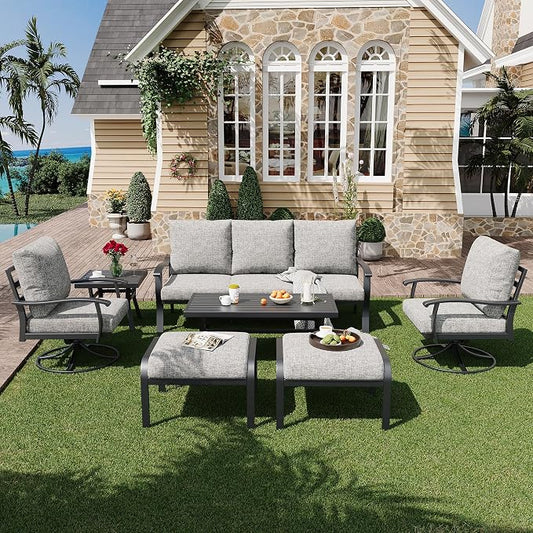 HOMREST Patio Furniture Sets 7 PCS Outdoor Metal Conversation Sets, 360 Degree Swivel Rocking Chairs Patio Conversation Set with Ottomans, Coffee Side Table and 3-Seat Sofa for Garden, Deck, Poolside