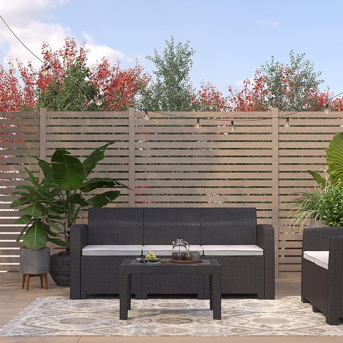 Merrick Lane Malmok Outdoor Furniture Patio Table - Dark Gray Faux Rattan Wicker Pattern Coffee Table - All-Weather Use - Wood Plank Top Design