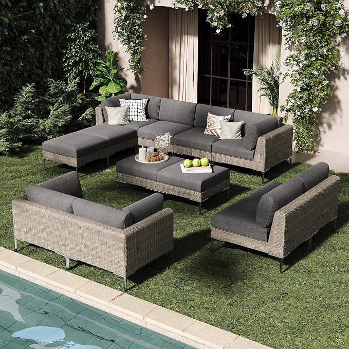 LayinSun 12-Piece Wicker Rattan Patio Furniture Set, Deep Seating Outdoor Modular Sectional Sofa Conversation Set with Thick Cushions for Lawn, Garden