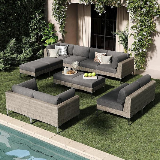 LayinSun 12-Piece Wicker Rattan Patio Furniture Set, Deep Seating Outdoor Modular Sectional Sofa Conversation Set with Thick Cushions for Lawn, Garden