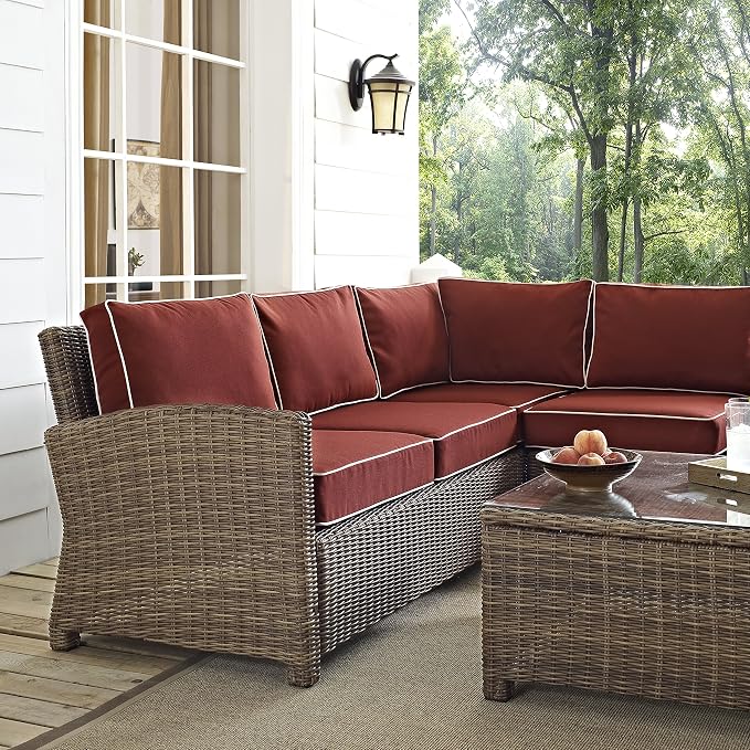 Crosley Furniture Bradenton 5-Piece Outdoor Sectional Sofa Wicker Conversation Patio Furniture Set for Deck, Brown with Sangria Cushions