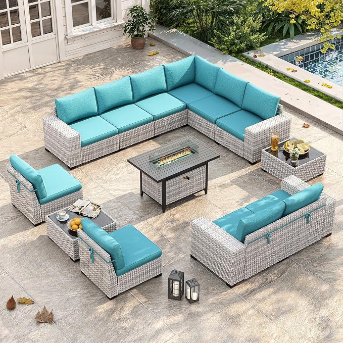 13 Piece Outdoor Wicker Sectional Sofa Set with 55,000 BTU Fire Pit Table, 10-Seats with 4" Thickened Cushions & Coffee Table, All-Weather PE Rattan for Garden, Backyard, Porch, Turquoise