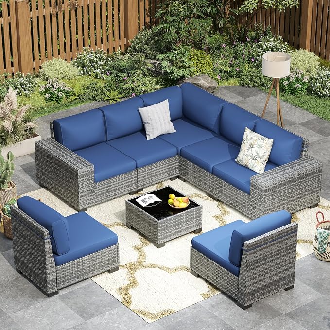 Outdoor Patio Furniture Set, 8‘’ Wide armrest Outdoor Sectional Rattan Sofa Set, Wicker Patio Furniture Sets w/Coffee Table,Thick Cushions and Cover for Porch, Balcony,8 PCS(Grey&Navy)