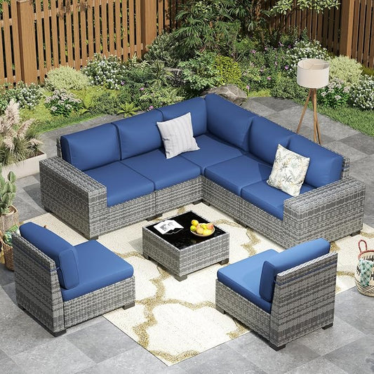 Outdoor Patio Furniture Set, 8‘’ Wide armrest Outdoor Sectional Rattan Sofa Set, Wicker Patio Furniture Sets w/Coffee Table,Thick Cushions and Cover for Porch, Balcony,8 PCS(Grey&Navy)