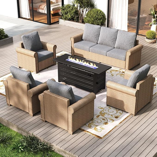 Patio Furniture Set 6 pcs, Wicker Rattan Outdoor Furniture with 5.5” Thick Cushions, 3-Seat Sofa, 4 Chairs and 56" Fire Pit Table, Outdoor Conversation Set for Garden Backyard Deck, 7 Seats Grey