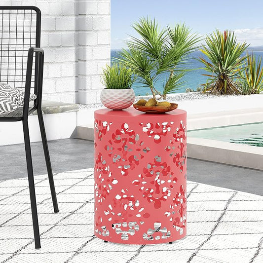 14" Cylindrical Side Table with Floral Iron Cut, Stylish End Table with Powder-Coated Iron, Practical Accent Table with No Assembly for Outdoor Patio Garden, Coral