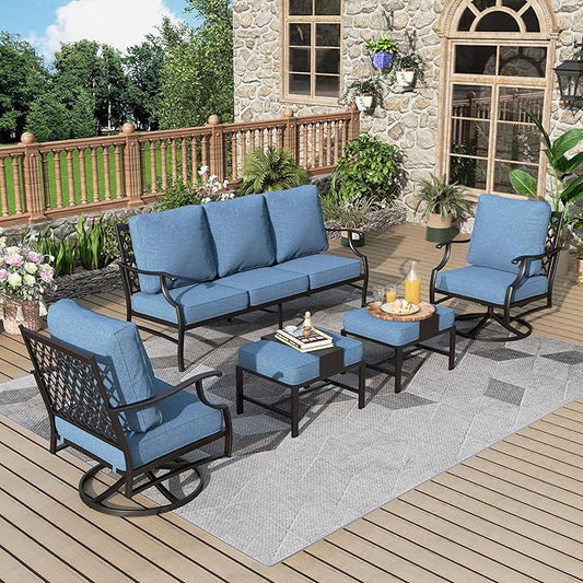 MIXPATIO Patio Furniture Set 5 pcs, Outdoor Patio Furniture, 3-Seat Sofa, 2 Swivel Chairs, 2 Ottomans and 5.75" Extra Thick Cushion, Conversation Set for Backyard Deck,Navy Blue